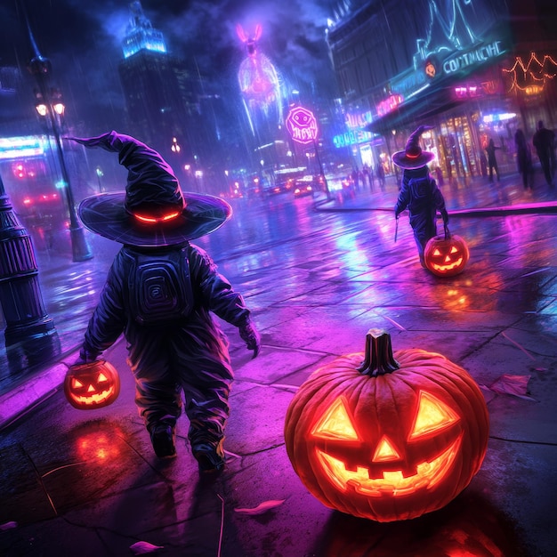 Halloween Trick or Treaters in a Neon City