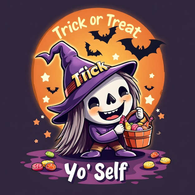 Halloween tshirt design with a cartoon character with a basket of candy and a broom