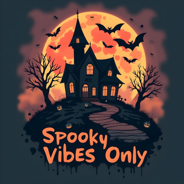 Halloween tshirt design with a ghost house on a dark background