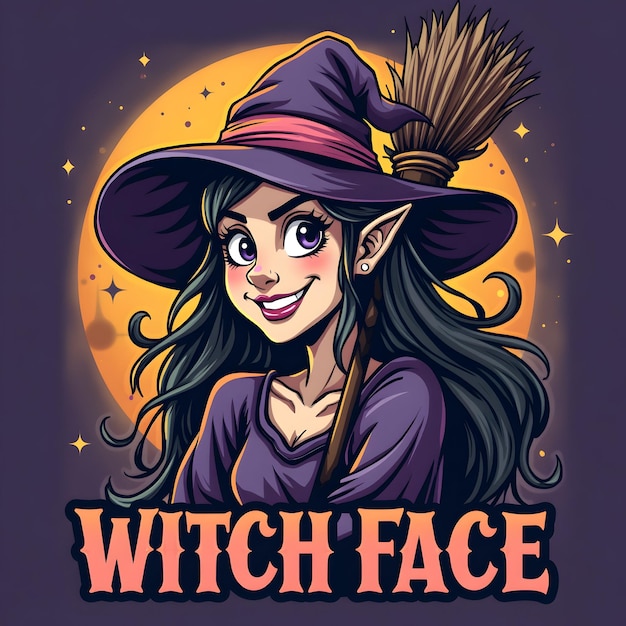 Halloween tshirt design with a witchs face is on a purple background