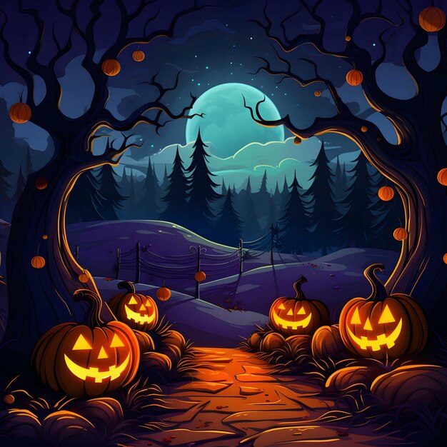 a Halloween vector background with a pumpkin patch bathed in the glow of jackolanterns Generated AI