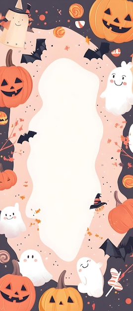 Photo halloween vector card featuring a group of kawaiistyle characters tiny pumpkins cute witches