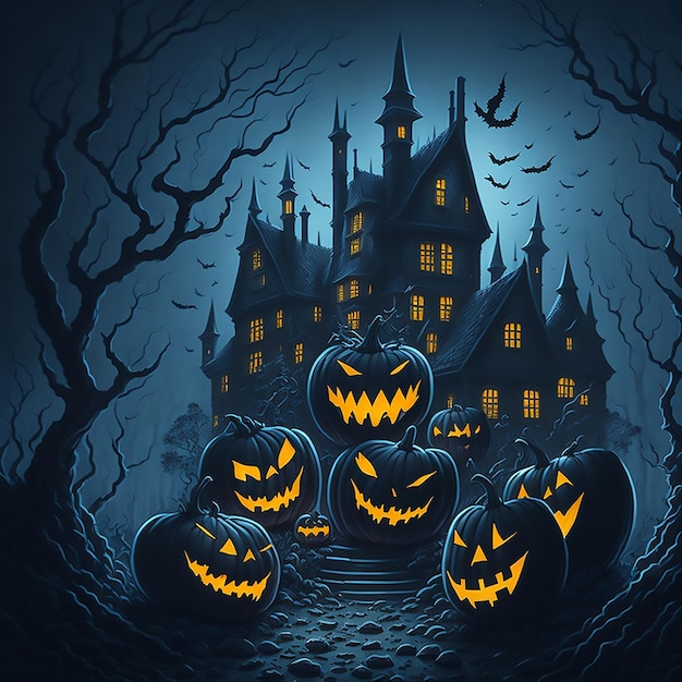 Halloween village with scary pumpkin castle fantasy Halloween background