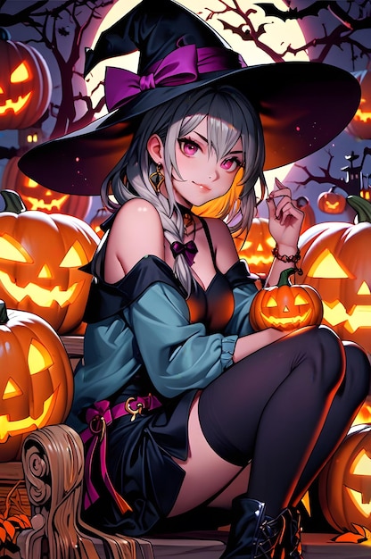 A Halloween wallpaper for a girl with a pumpkin and pumpkins