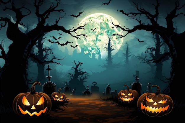 Halloween wallpaper or scary background Mystical and magical Halloween backdrop with pumpkins