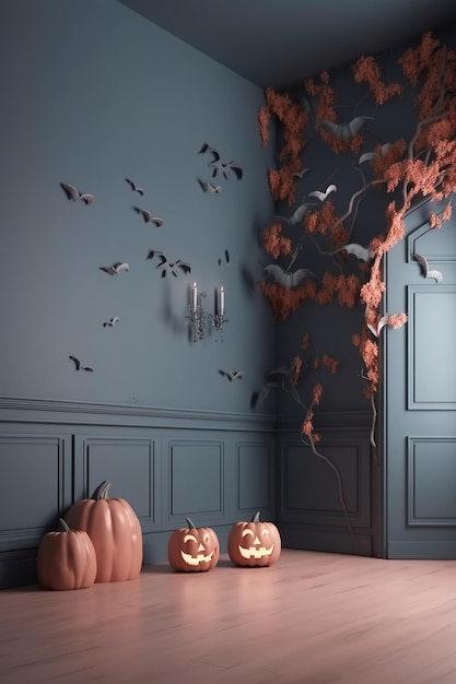 A halloween wallpaper with bats and pumpkins on the wall.