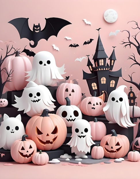 Halloween wallpaper with a castle and funny ghosts and pumpkins pink theme