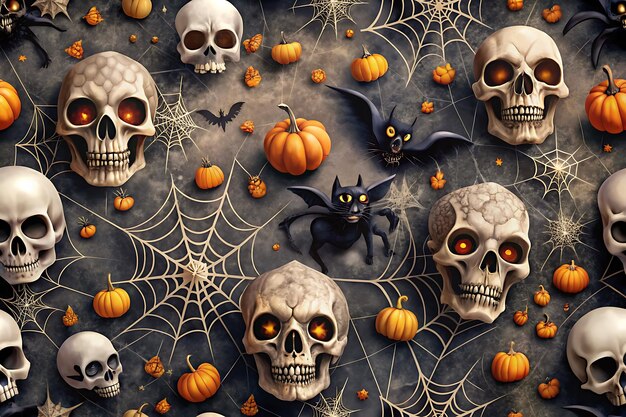 Photo halloween wallpaper with eerie skulls black cats and spider webs in a dark setting