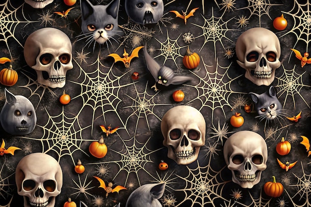 Photo halloween wallpaper with eerie skulls black cats and spider webs in a dark setting