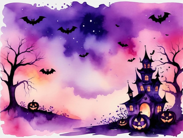 Halloween Watercolor Background With Haunted House And Bats