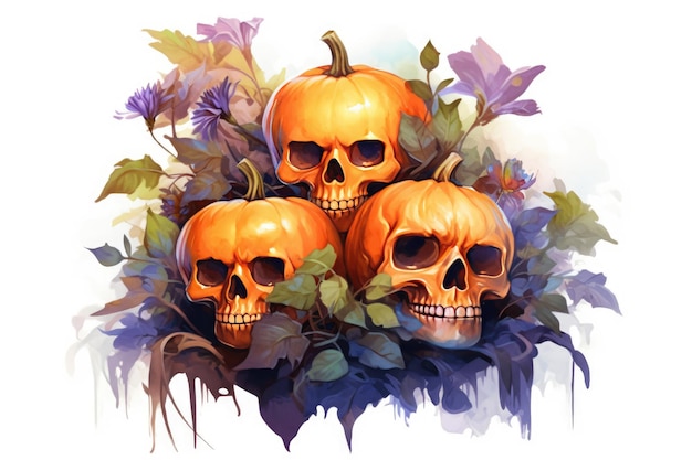 Halloween Watercolor illustration of pumpkins in the form of a skull Generative AI