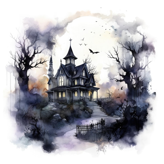 Halloween watercolor vector design white background haunted house moonlit night with eerie shadows