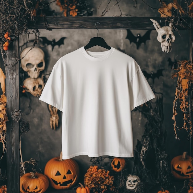 Halloween white tshirt mockup Flat lay shirt mock up front top view Crewneck short sleeve tshirt