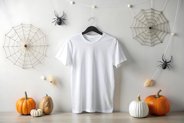 Photo halloween white tshirt mockup on a wooden background white tshirt mockup with halloween decoration