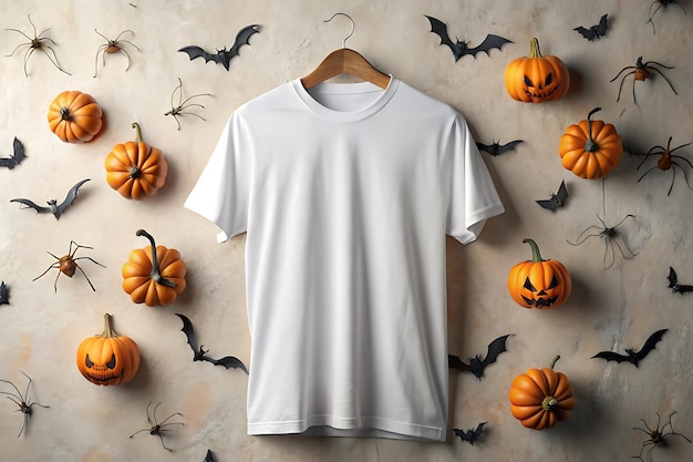 Photo halloween white tshirt mockup on a wooden background white tshirt mockup with halloween decoration