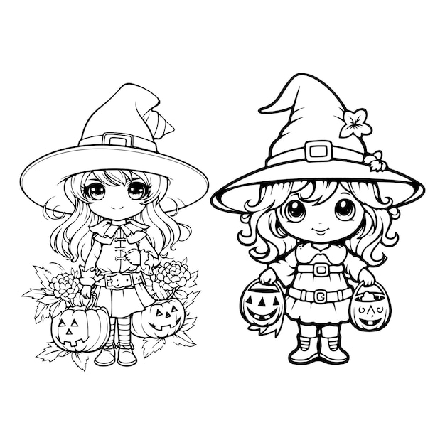 halloween witch hand drawn coloring page illustration generative ai