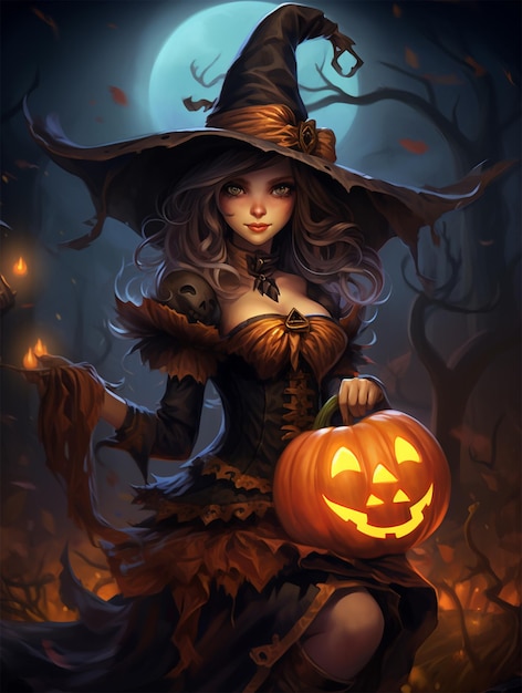 halloween witch holding a pumpkin and a broom