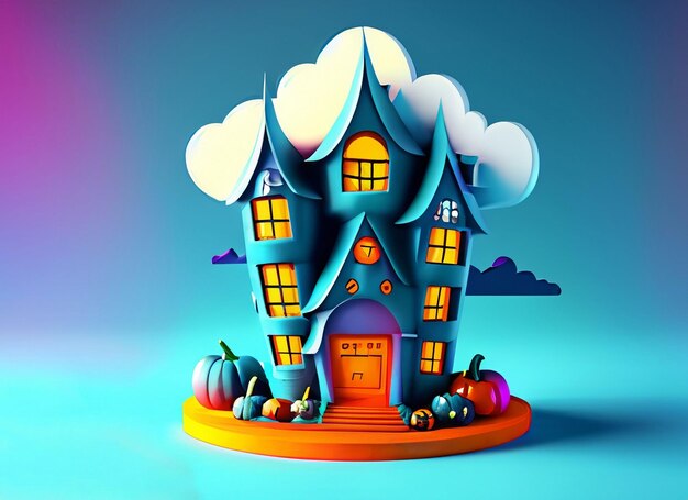 Halloween witch house background with colorful cloud