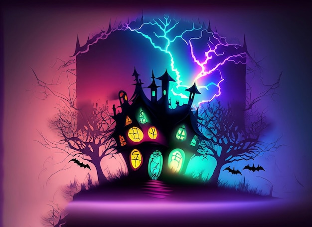 Halloween witch house background with colorful