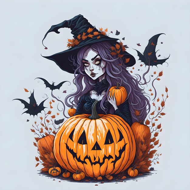 Halloween witch and scary pumpkin vector art illustration