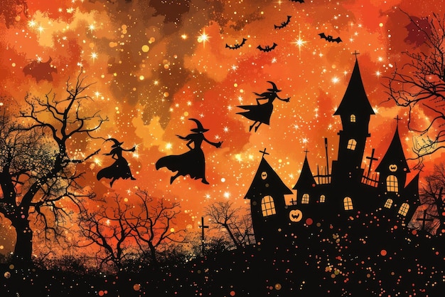 Halloween witches and haunted houses background