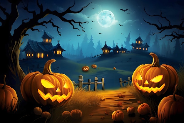 a Halloween with a pumpkin patch bathed in the glow of jacko'lanterns Generated AI