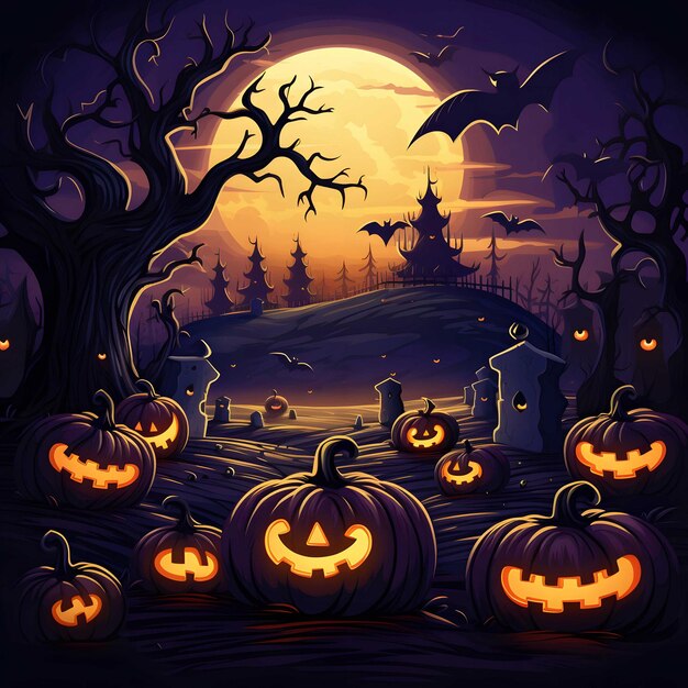 Halloween with a pumpkin patch bathed in the glow of jackolanterns Generated AI