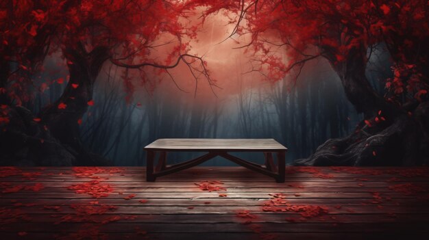 halloween wooden table in spooky forest t night w