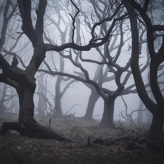 Photo halloween woods creepy fogshrouded forest with gnarled trees