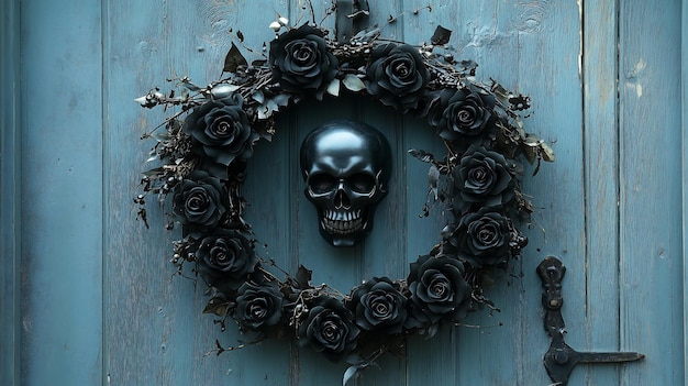 Photo halloween wreath featuring a skull centerpiece and black roses displayed on a rustic blue door