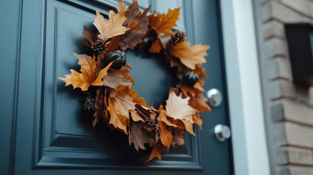 Photo halloween wreath on a front door with spooky decorations