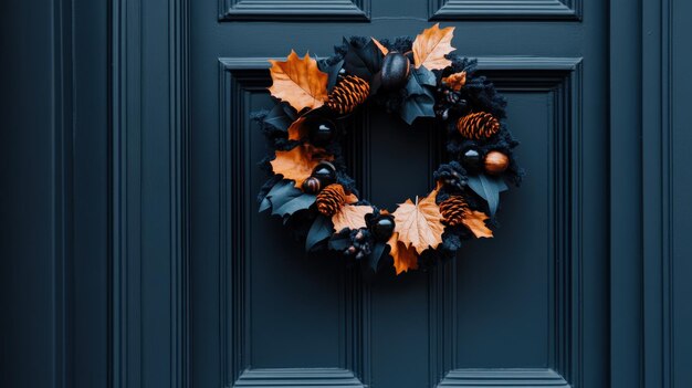 Photo halloween wreath on a front door with spooky decorations