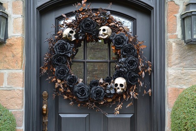 Photo halloween wreath made of black roses and skulls for a spooky decorative illustration