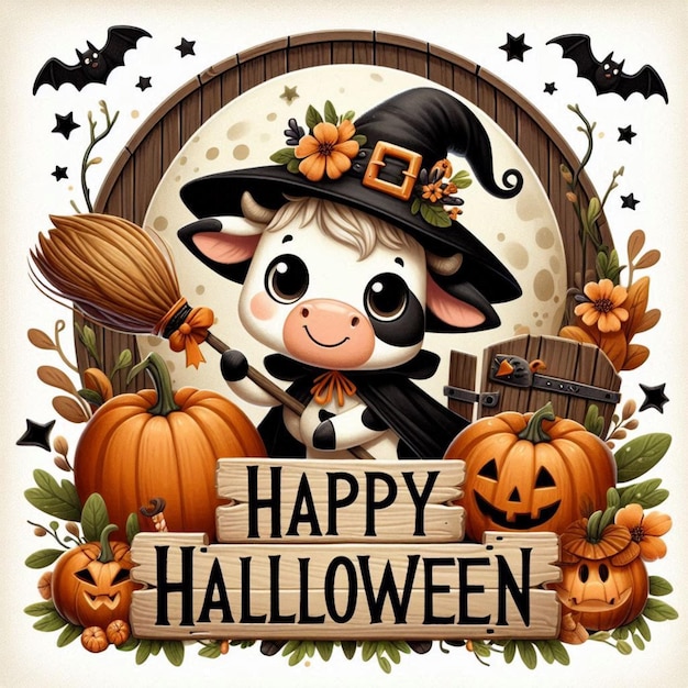 Halloween Wreath Sign Cute Cow Door Hanger Round Decoration Door Sign Digital Download AI Generate