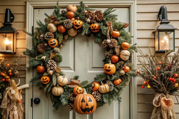 Halloween wreaths lights and ornaments