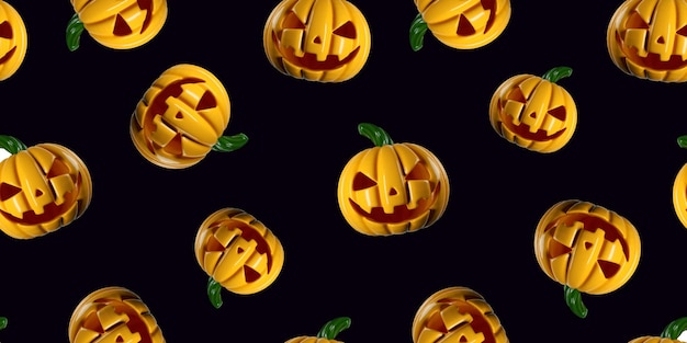 Halloween yellow scary pumpkin seamless pattern on black background