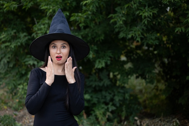 Halloween A young beautiful woman in a witch39s hat and a black dress in the park Space for text