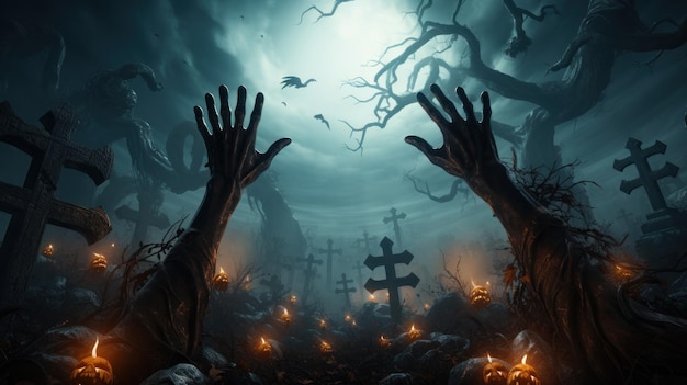 Halloween Zombie hand rising out of a graveyard cemetery Full Moon spooky night mysterious