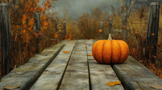 Photo halloween zoom pumpkin harvest on old weathered wooden bridge in autumn setting