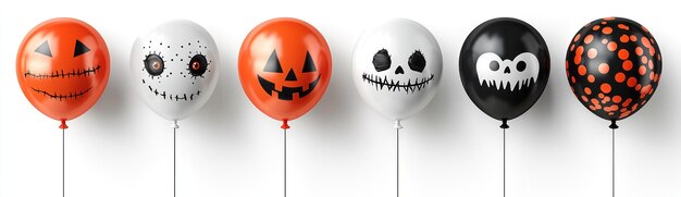 Photo halloweenthemed balloons with spooky faces featuring pumpkins skulls bats and creepy expressions in orange black and white generative ai