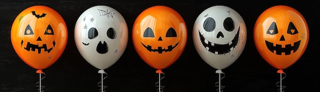 Halloweenthemed balloons with spooky faces featuring pumpkins skulls bats and creepy expressions in orange black and white Generative AI