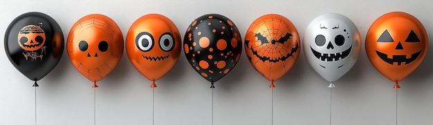 Halloweenthemed balloons with spooky faces featuring pumpkins skulls bats and creepy expressions in orange black and white Generative AI