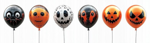 Photo halloweenthemed balloons with spooky faces featuring pumpkins skulls bats and creepy expressions in orange black and white generative ai