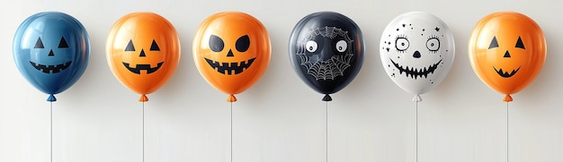 Photo halloweenthemed balloons with spooky faces featuring pumpkins skulls bats and creepy expressions in orange black and white generative ai