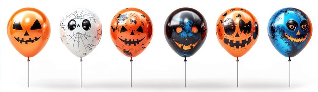 Halloweenthemed balloons with spooky faces featuring pumpkins skulls bats and creepy expressions in orange black and white Generative AI