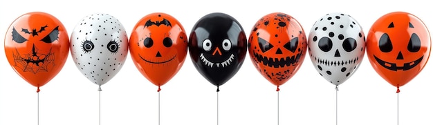 Halloweenthemed balloons with spooky faces featuring pumpkins skulls bats and creepy expressions in orange black and white Generative AI