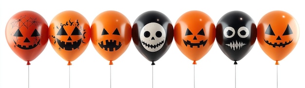 Photo halloweenthemed balloons with spooky faces featuring pumpkins skulls bats and creepy expressions in orange black and white generative ai