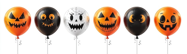 Halloweenthemed balloons with spooky faces featuring pumpkins skulls bats and creepy expressions in orange black and white Generative AI