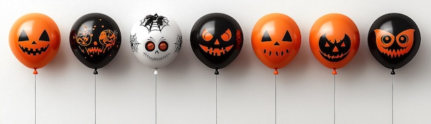 Halloweenthemed balloons with spooky faces featuring pumpkins skulls bats and creepy expressions in orange black and white Generative AI