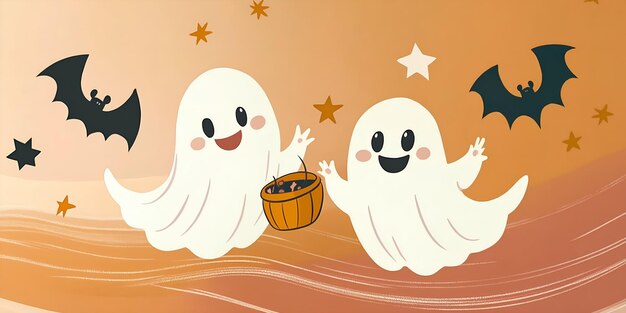 Photo halloweenthemed banner with two ghosts with eyes smiling pumpkins bats halloween autumn night